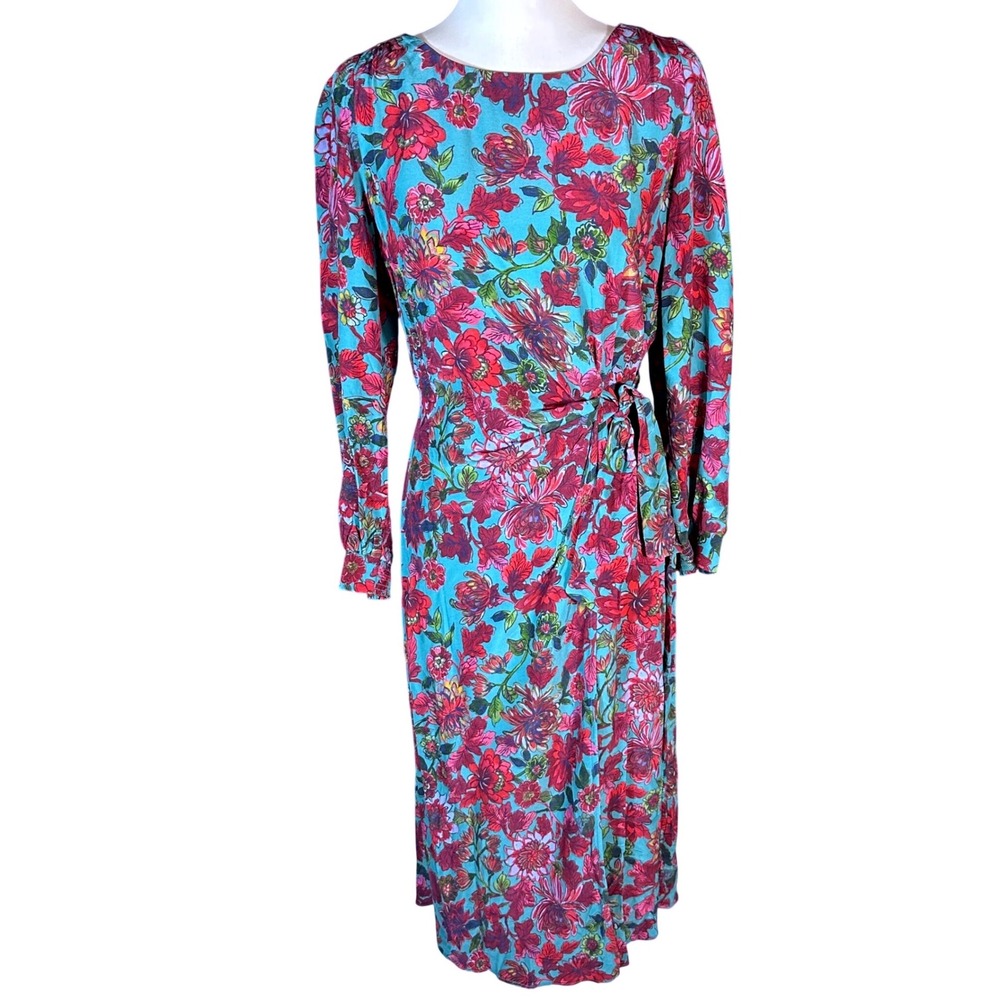 Talbots Midi Dress NWT Womens 4 Teal Red Floral Long Sleeve Side Tie Slit